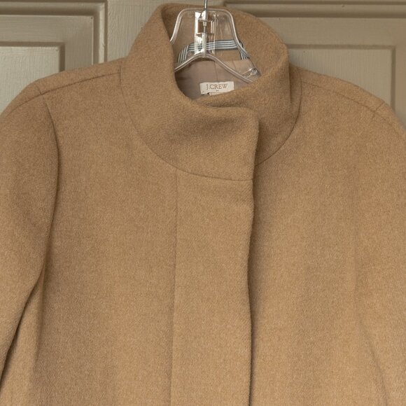 J. Crew City Coat High Neck Tan Beige Wool Minimal Quite Luxury Cocoon Jacket - Picture 4 of 14